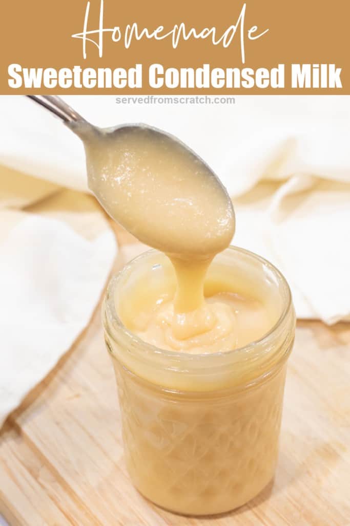 an open mason jar of condensed milk with a spoon with Pinterest pin text.
