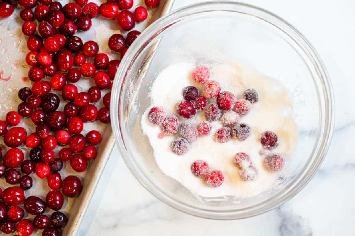 a bowl of sugar with cranberries in it.