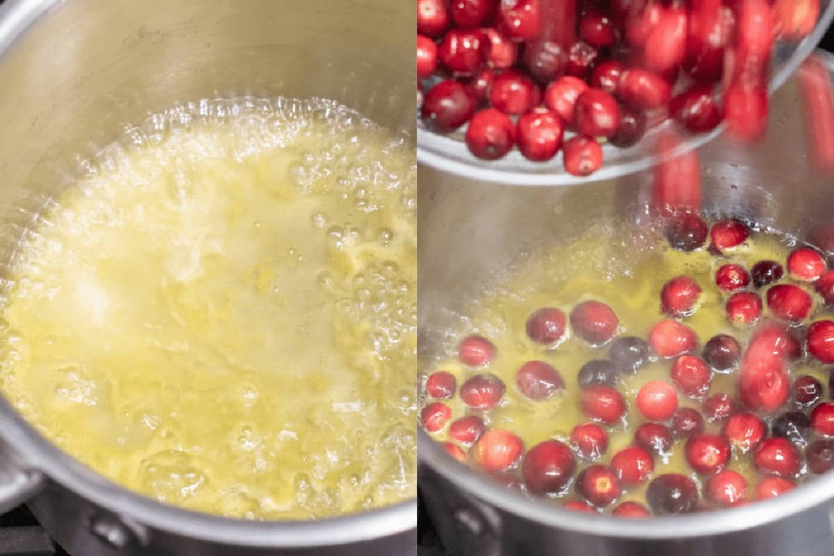 a pot with boiling liquid and cranberries being poured in.