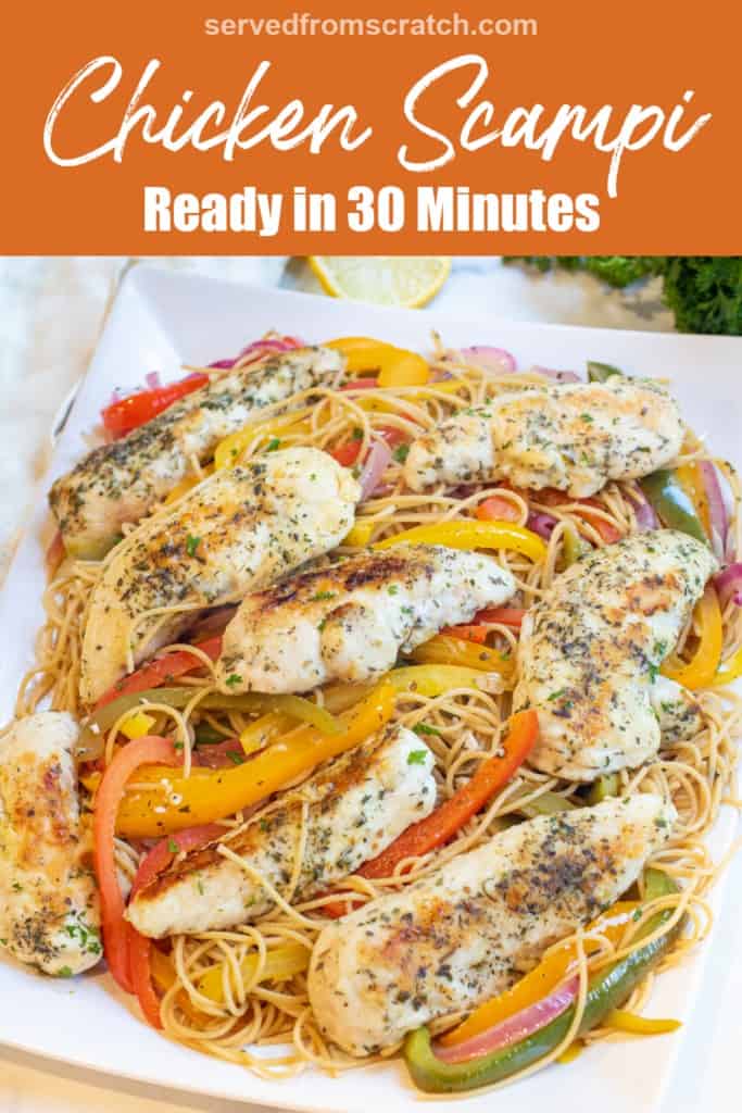 a large platter of pasta with cooked peppers and chicken and Pinterest pin text.