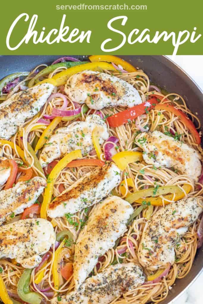 a large pan with cooked chicken tenders, peppers, and pasta with Pinterest pin text.