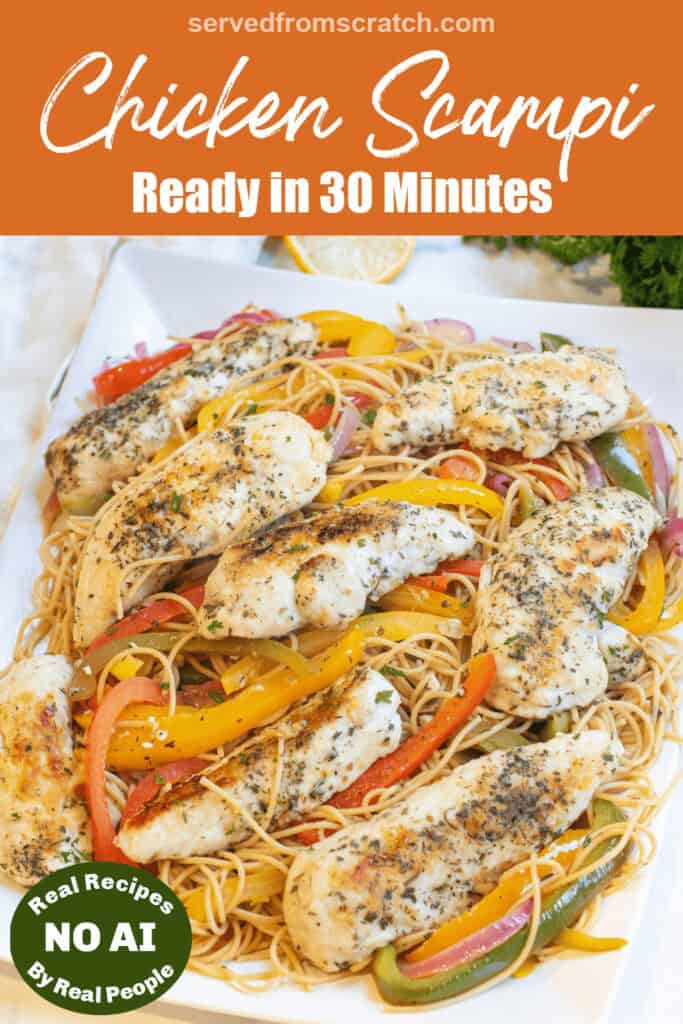 a large platter of pasta with cooked peppers and chicken and Pinterest pin text and a NO AI sticker.