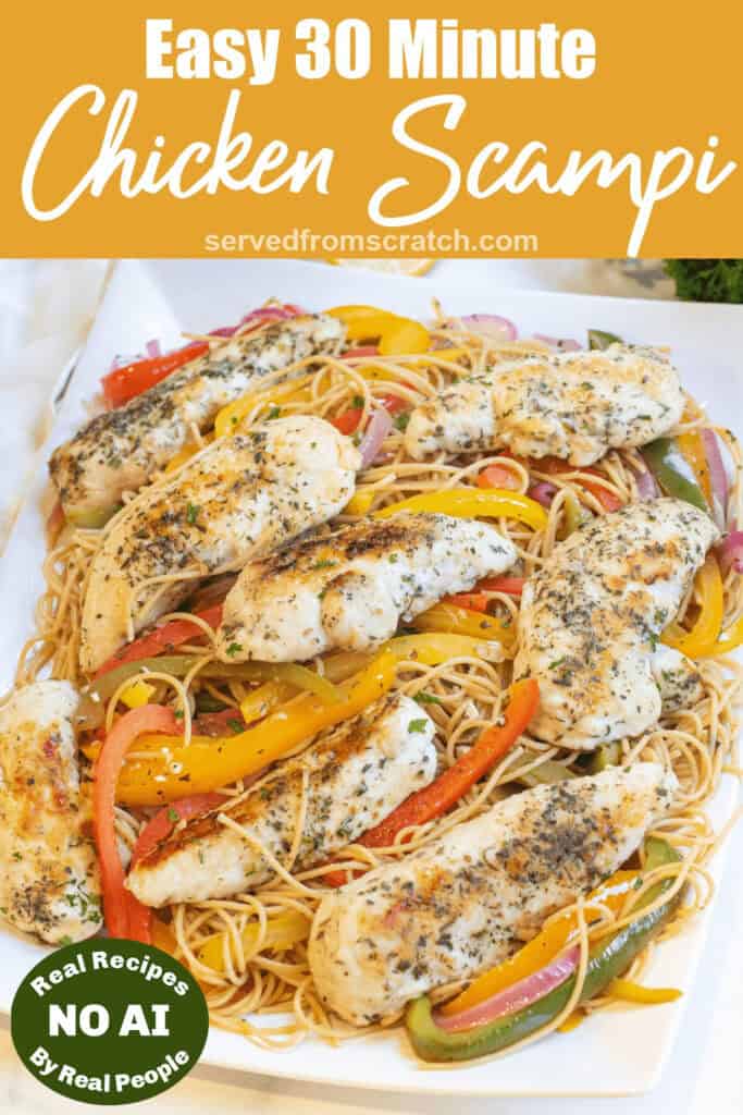 a large platter of pasta with cooked peppers and chicken and Pinterest pin text and a NO AI sticker.
