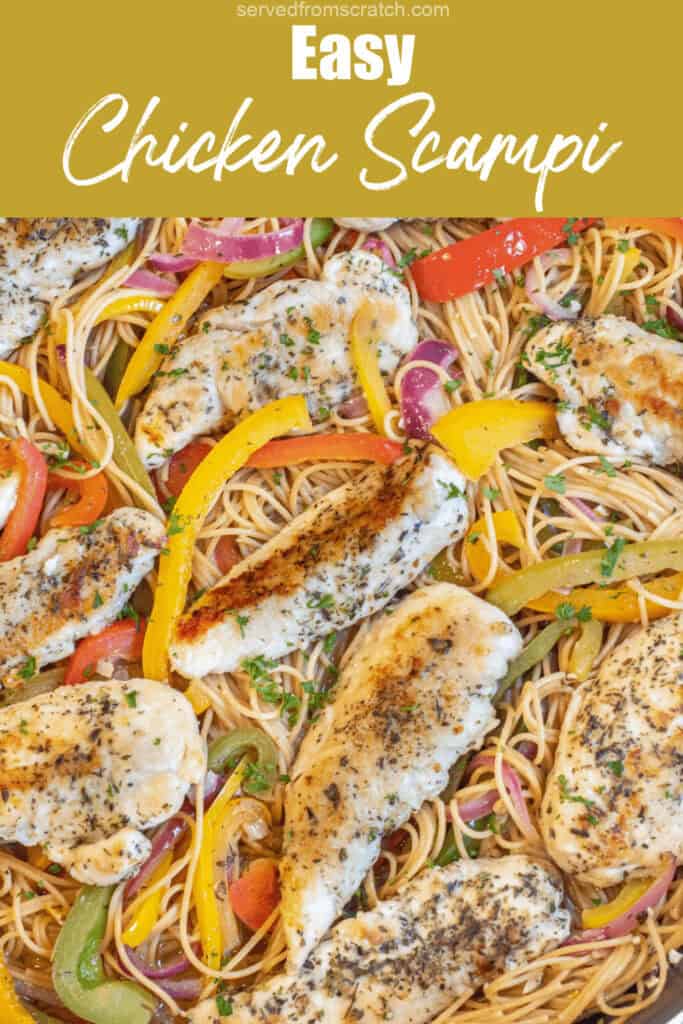 an overhead of a pan of cooked chicken tenderloins, bell peppers, and pasta with Pinterest pin text.