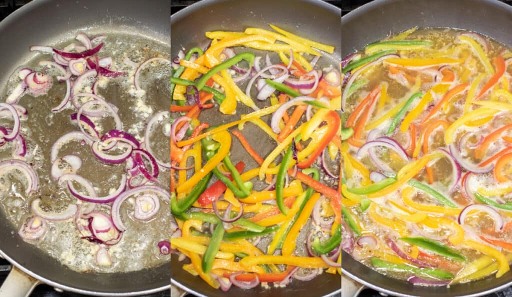 3 pans one with cooking garlic and onions in butter, then peppers, and peppers in sauce.