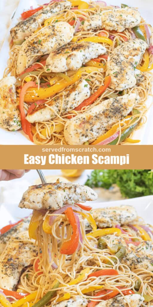 a plate of cooked chicken tenderloins, bell peppers, and spaghetti with PInterest pin text and then a serving spoon holding some up over the plate.