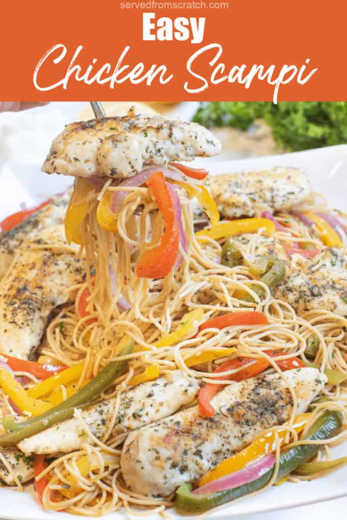 a large platter of chicken, peppers, and pasta with a fork holding a serving up with Pinterest pin text.