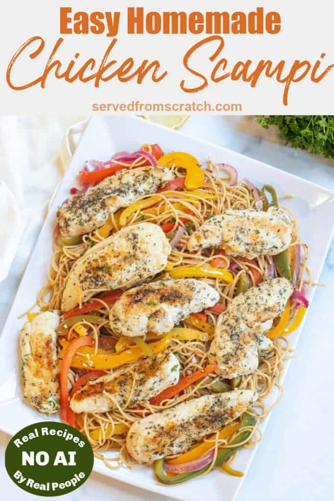 a large platter of pasta with cooked peppers and chicken and Pinterest pin text and a NO AI sticker.
