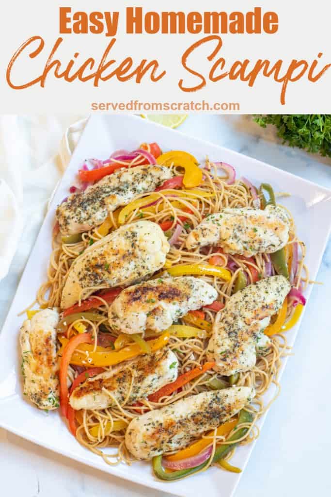 a large platter of pasta with cooked peppers and chicken and Pinterest pin text.