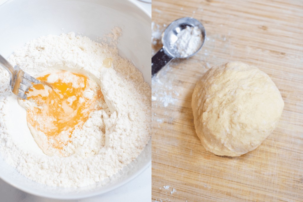 a bowl with egg in the middle and a ball of dough.