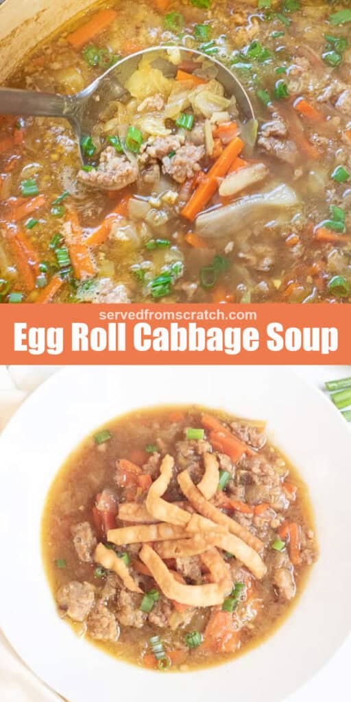 a ladle of soup in dutch oven with cabbage, carrots, and pork, Pinterest pin text, and a bowl of soup with crispy sliced fried pieces on top.