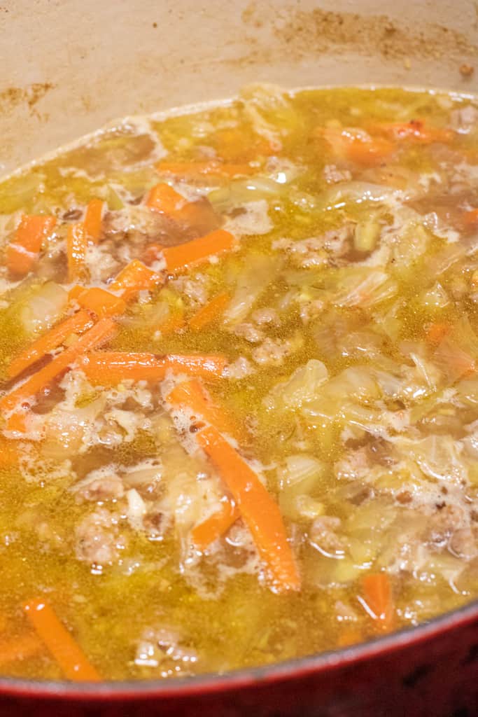 a dutch oven of soup cooking with carrots, cabbage ,and pork.