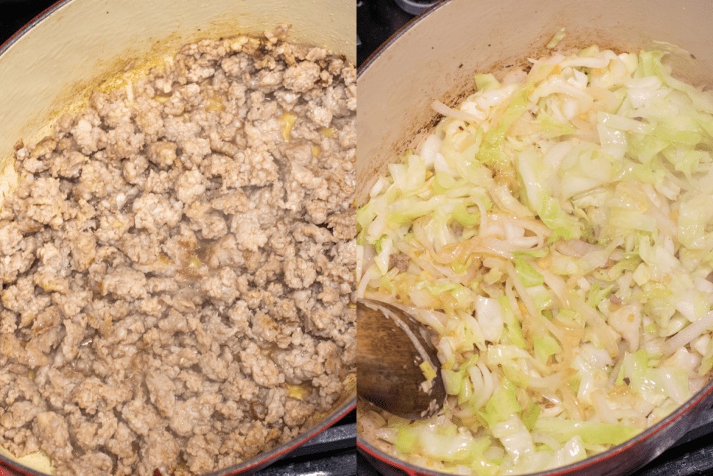 a pot with cooked pork and then with cooked onions and cabbage. 