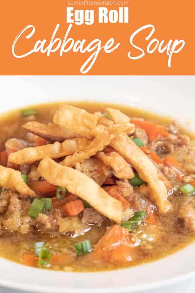 a bowl of soup with cabbage and carrots and pork topped with crispy strips with Pinterest pin text.