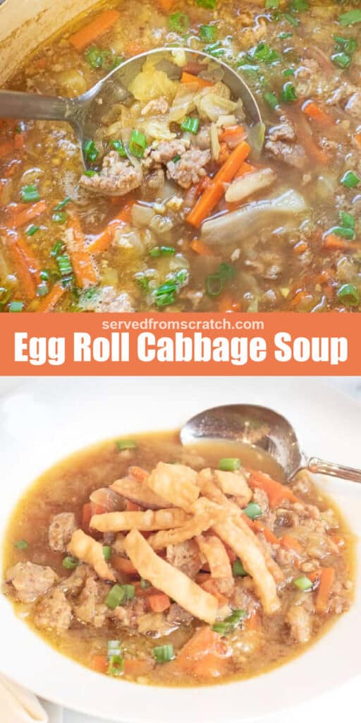 a ladle of soup in dutch oven with cabbage, carrots, and pork, Pinterest pin text, and a bowl of soup with crispy sliced fried pieces on top.