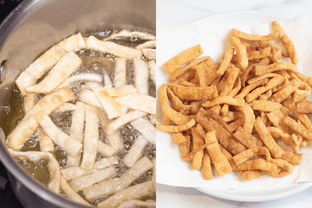 strips frying in oil and then cooked on a paper towel