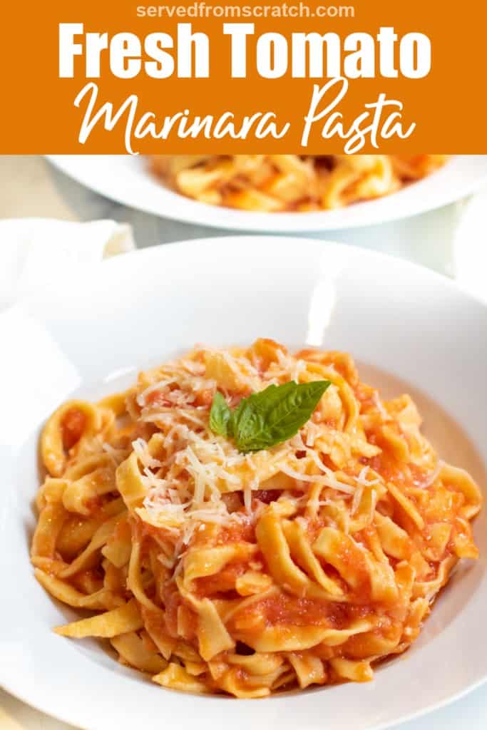 a plate of fresh pasta and marinara sauce with Pinterest pin text.