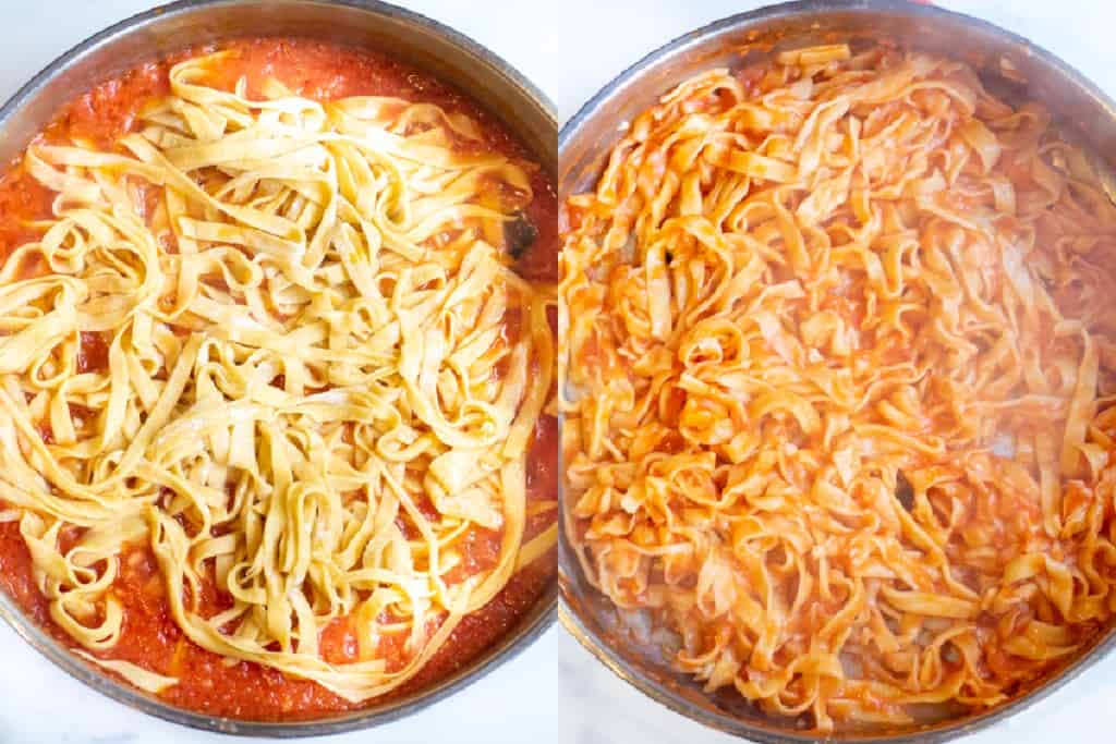 a pan of sauce topped with fresh pasta next to a pan with pasta and sauce mixed in.
