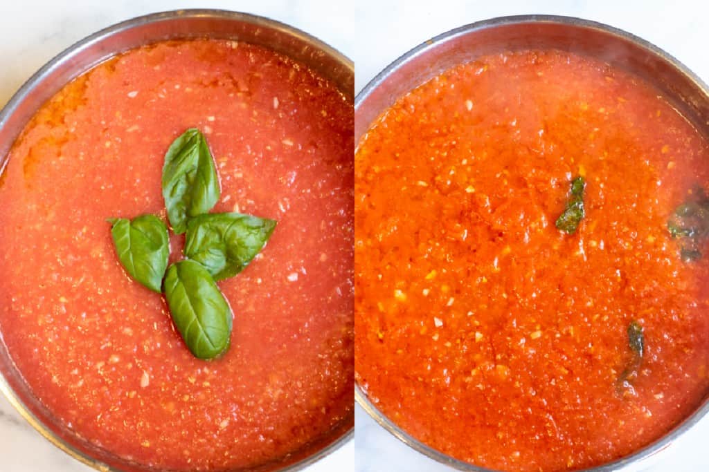 two pans of marinara sauce, one with fresh basil and one with basil and sauce cooked down.