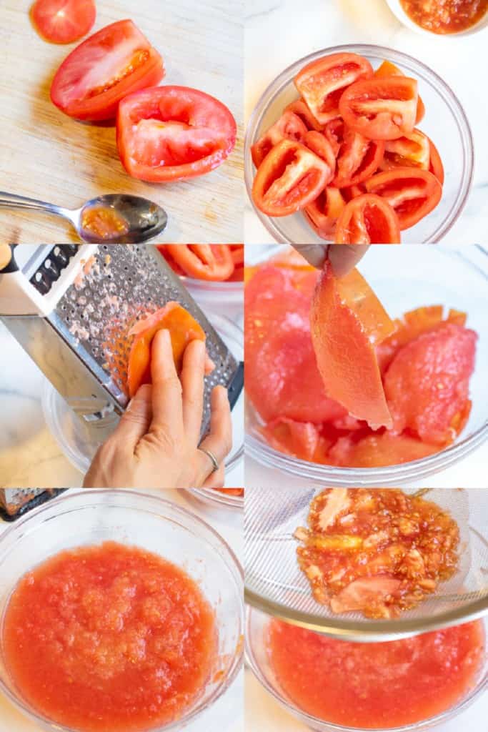 roma sliced in half with a spoon scooping out seeds and then a bowl of deseeded tomatoes and a small bowl of seeds, a hand grating a tomato and holding up a tomato skin.,