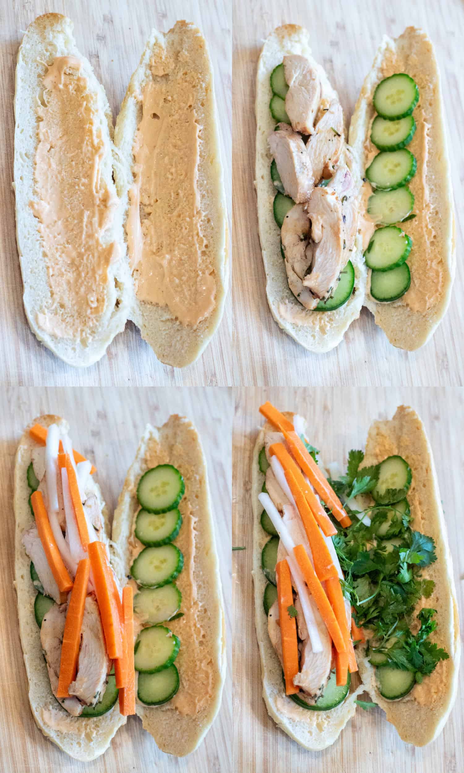 4 pictures of an open and halved baguette, one with mayo, one with cucumbers and chicken, with carrots and daikon, and then with cilantro.