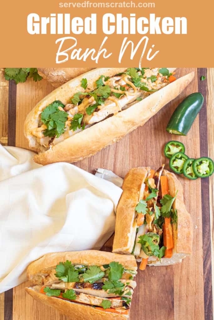 halved sandwich and a full banh mi on a cutting board with Pinterest pin text.