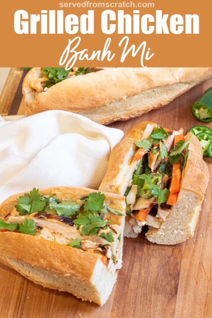 halved sandwich and a full banh mi on a cutting board with Pinterest pin text.