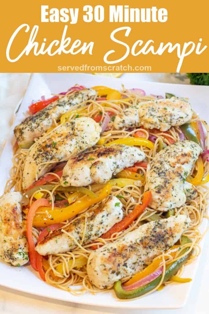 a large platter of pasta with cooked peppers and chicken and Pinterest pin text.