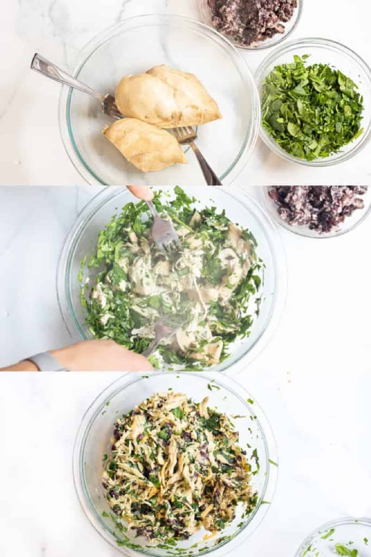row of pictures, one with a bowl of cooked chicken next to spinach and beans, then two forks shredded it with spinach, and then a bowl of it all mixed together.