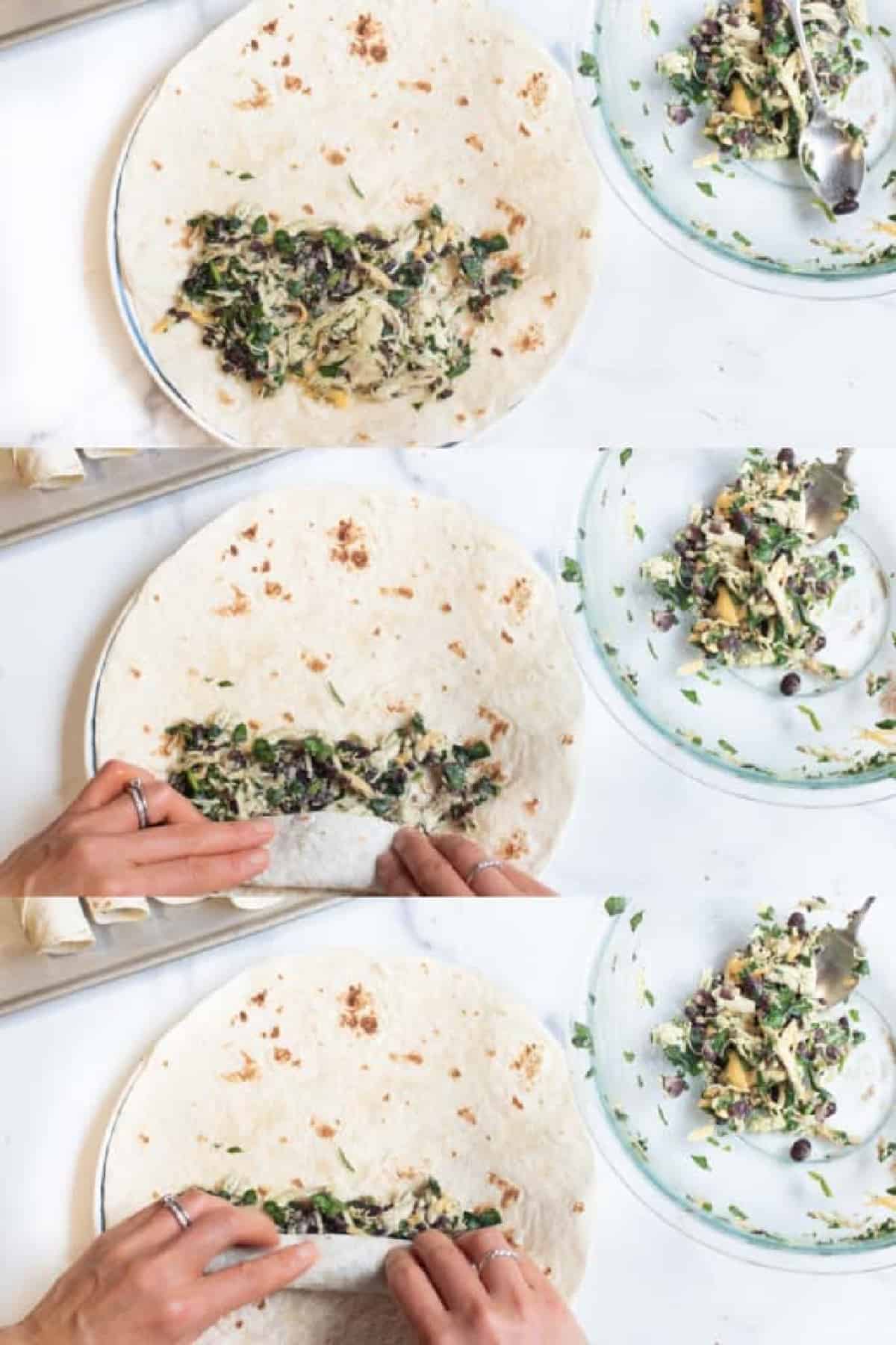 a row of 3 pictures, one with a tortilla half filled with chicken filling, next two with hands rolling it.