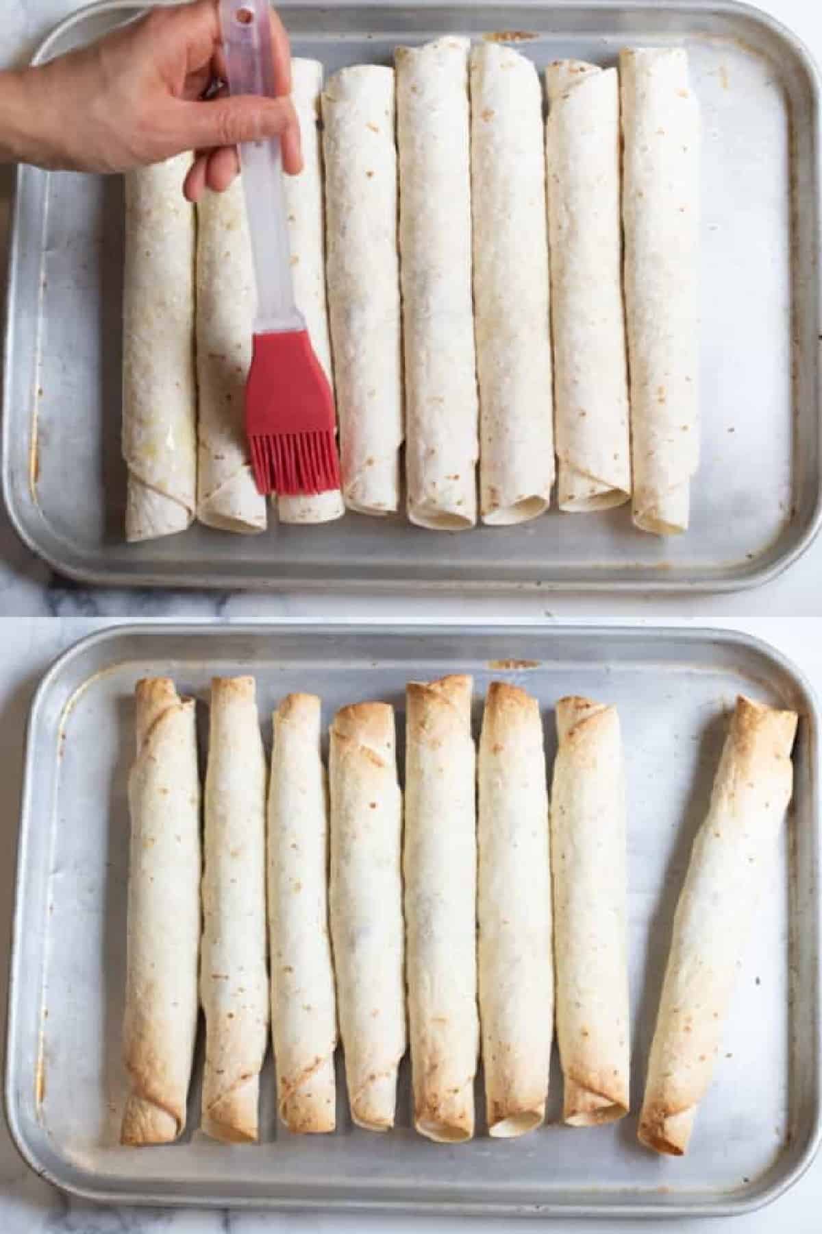 a tray of rolled flautas with a brush and then baked.