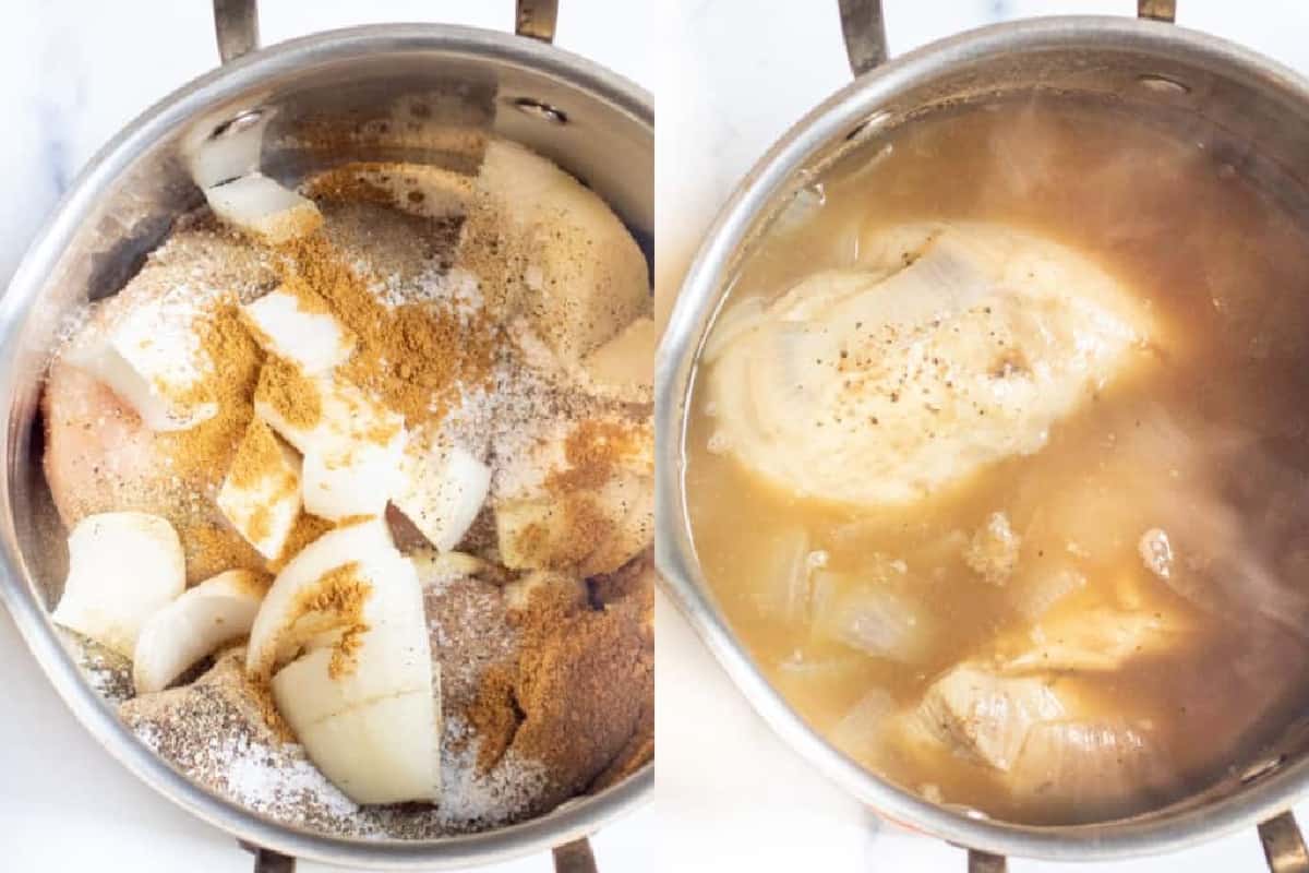 two pots, one with raw chicken and onion and spices, and one with water and everything cooked.