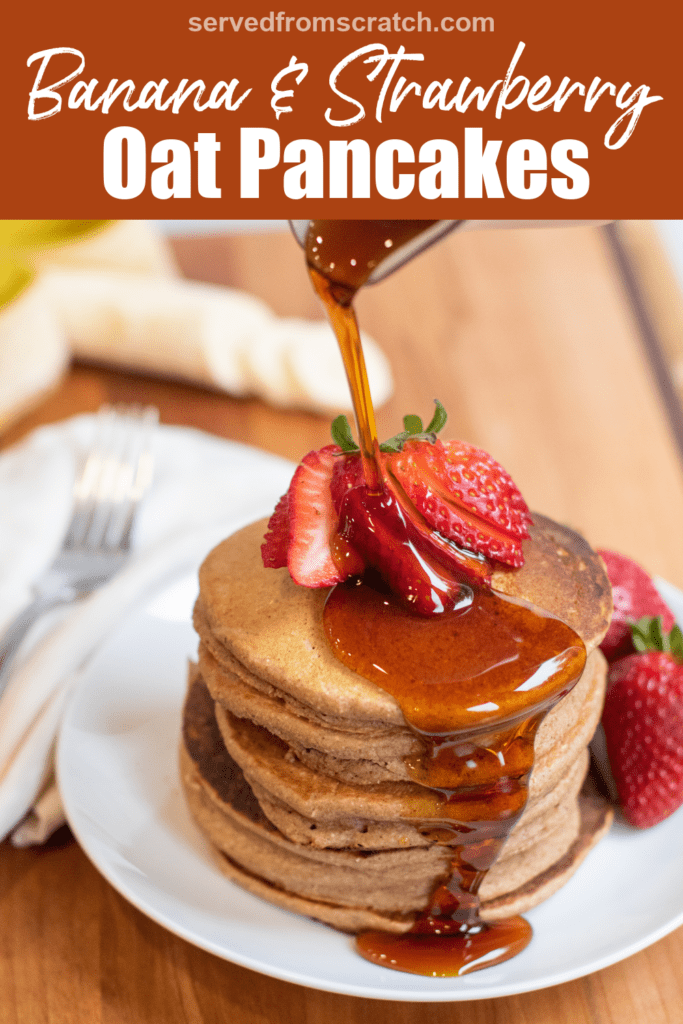 a stack of pancakes with syrup being poured on with Pinterest pin text.