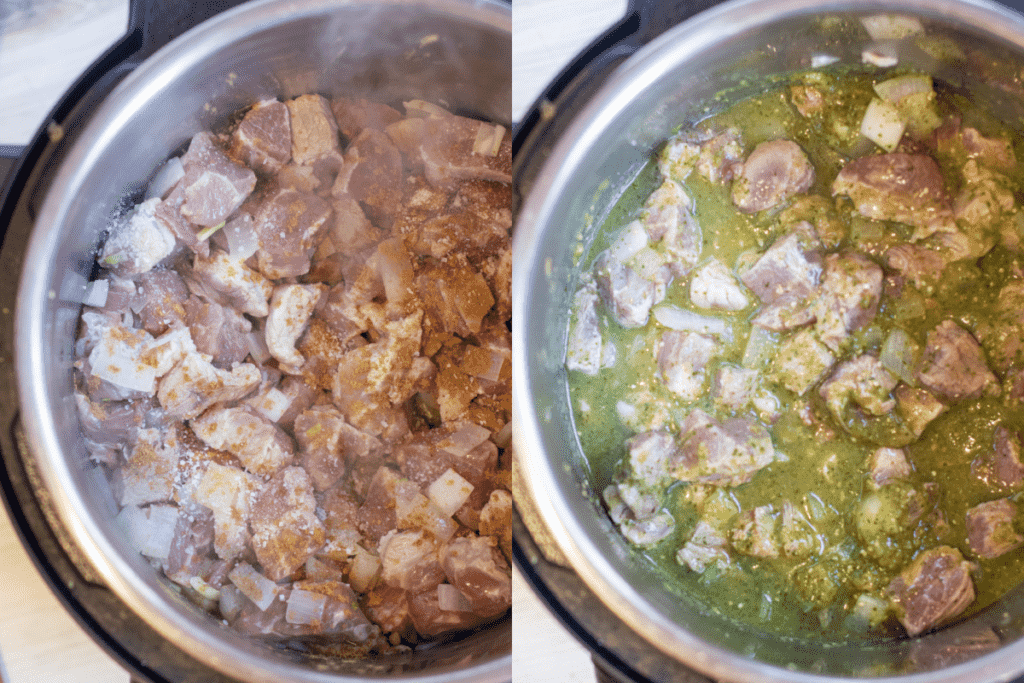 a pressure cooker with cubed pork and then with salsa verde in it.