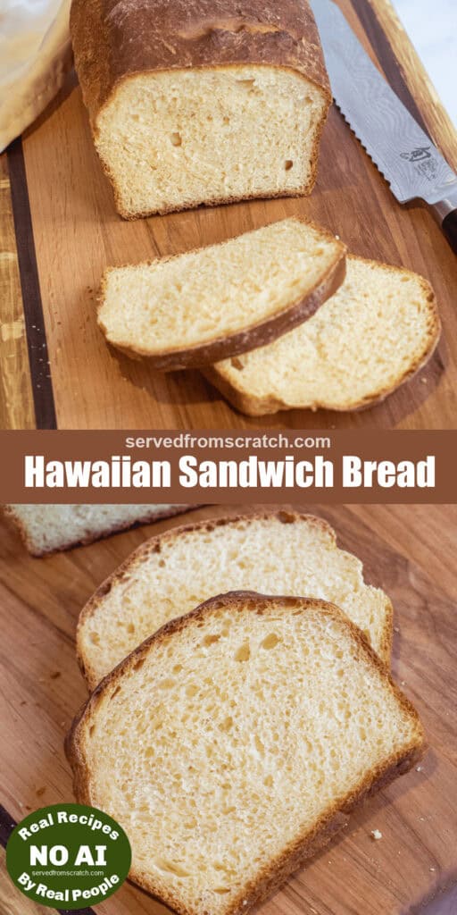 a loaf and sliced bread on a board with Pinterest pin text with NO AI sticker.