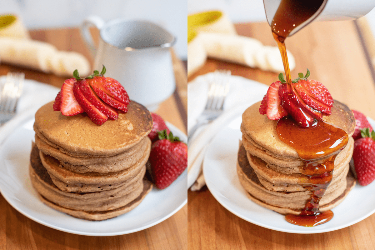 a picture of a stack of round pancakes with strawberries and second pic with syrup being poured on.