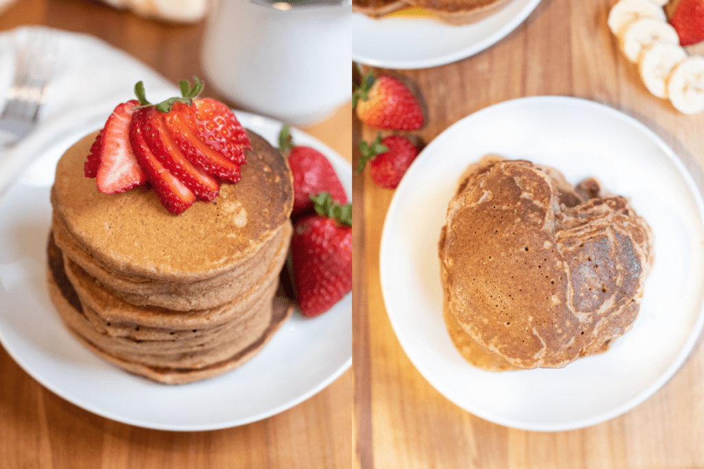 a stack of round pancakes and a stack of heart shaped pancakes.