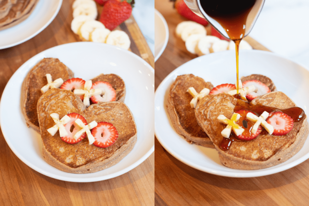 a plate of heart pancakes with xoxo and the same place with syrup being poured on.