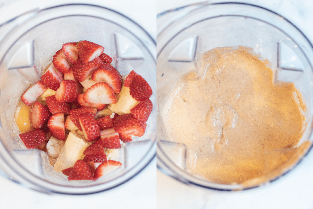 a blender with strawberries, bananas, eggs, and then blended into a batter.