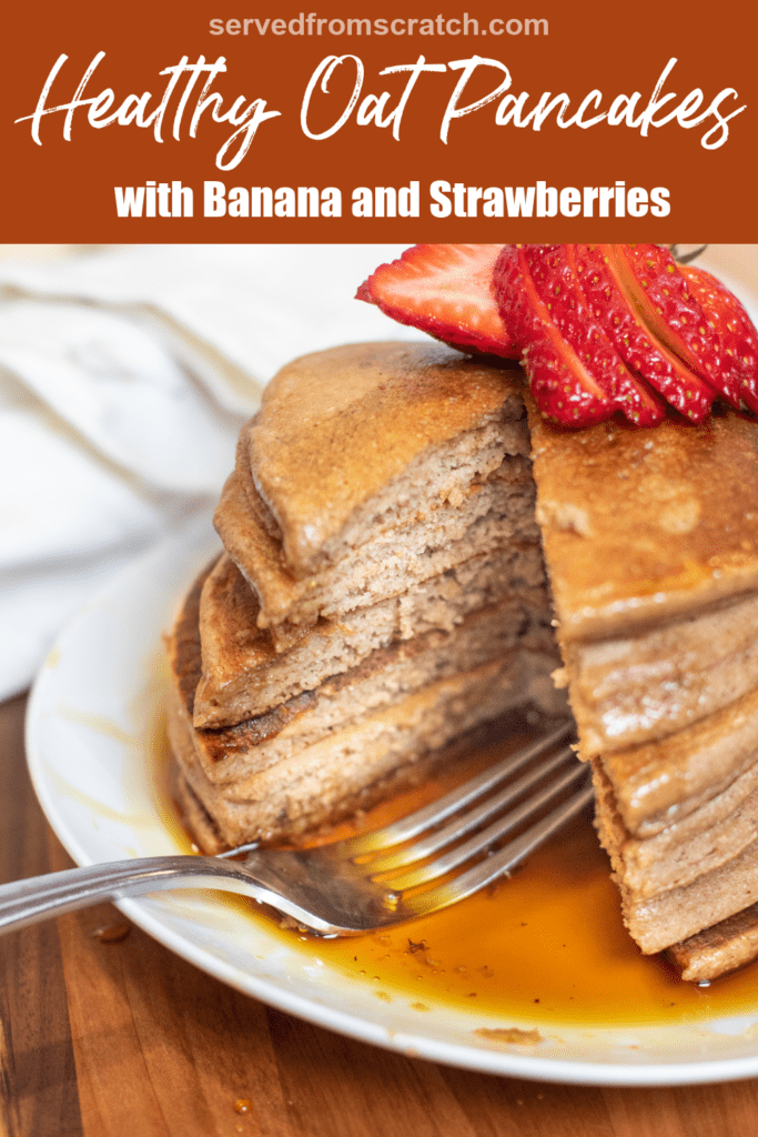 a stack of pancakes with a piece cut out and a fork with pinterest pin text.