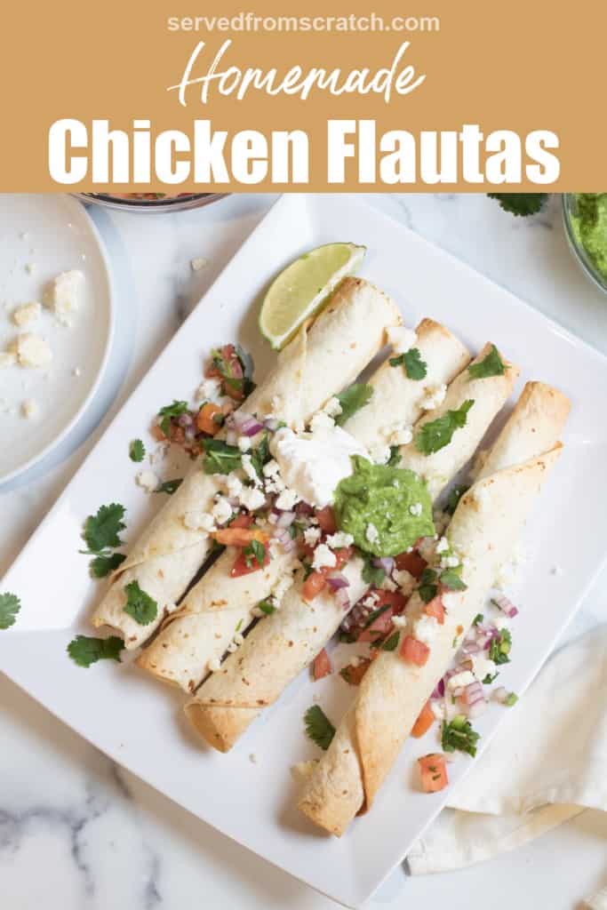 baked flautas on a plate topped with pico, guac, and sour cream with Pinterest pin text.