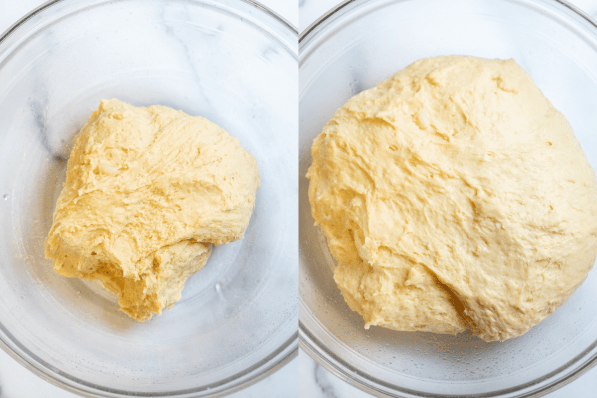 two bowls, one of a dough and the dough risen.