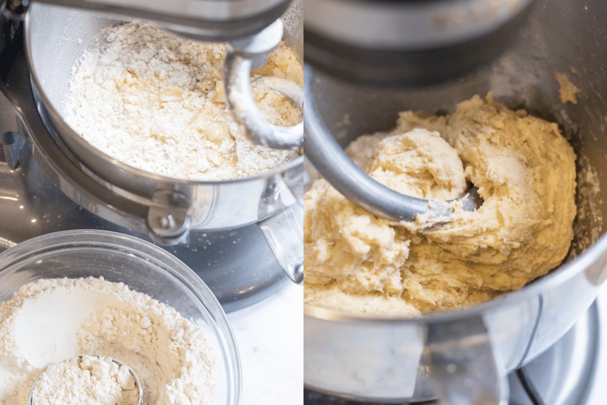 a stand mixer with flour added and a bow next to it with flour and then a stand mixer with dough mixed.