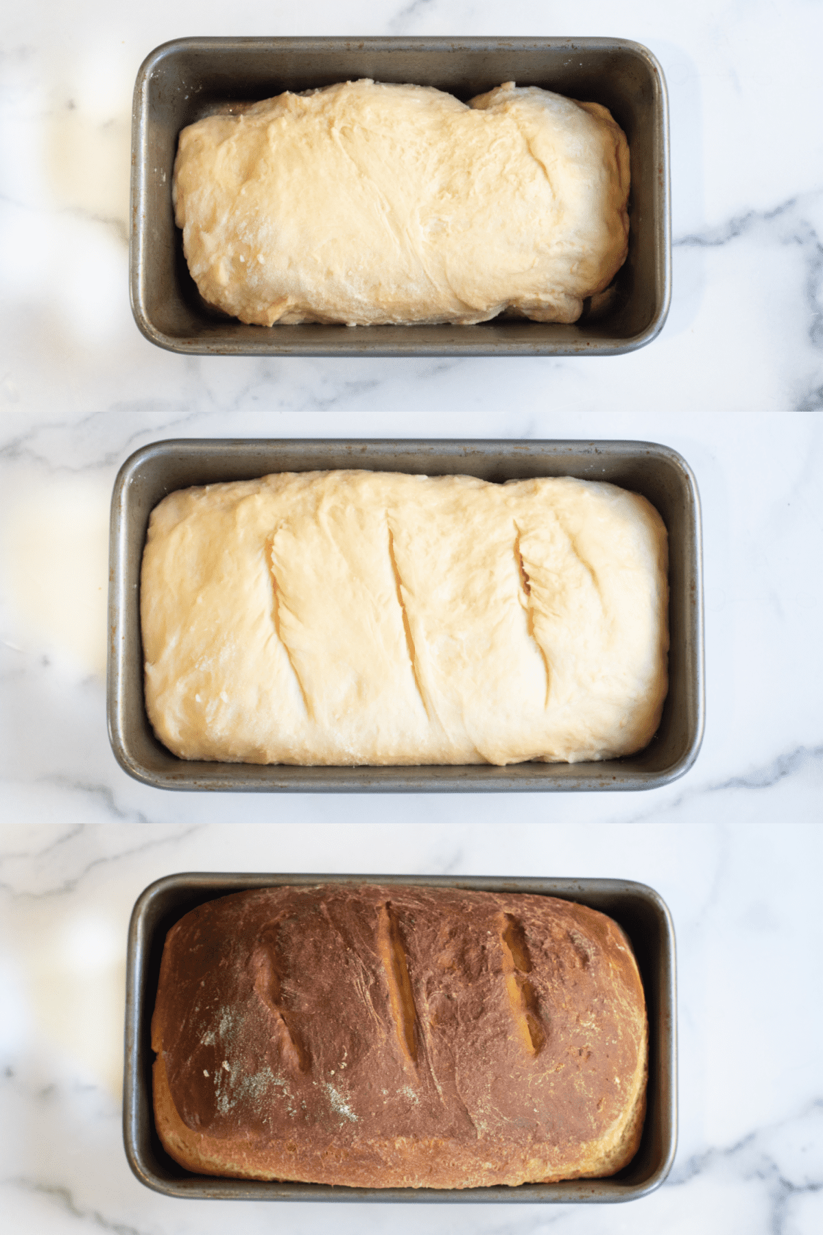 3 pics of a loaf pan, one with raw dough, one with dough risen and scored, and one with baked bread.