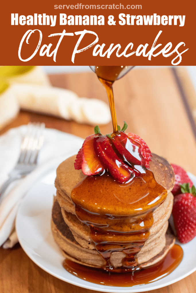 a stack of pancakes with syrup being poured on with Pinterest pin text.