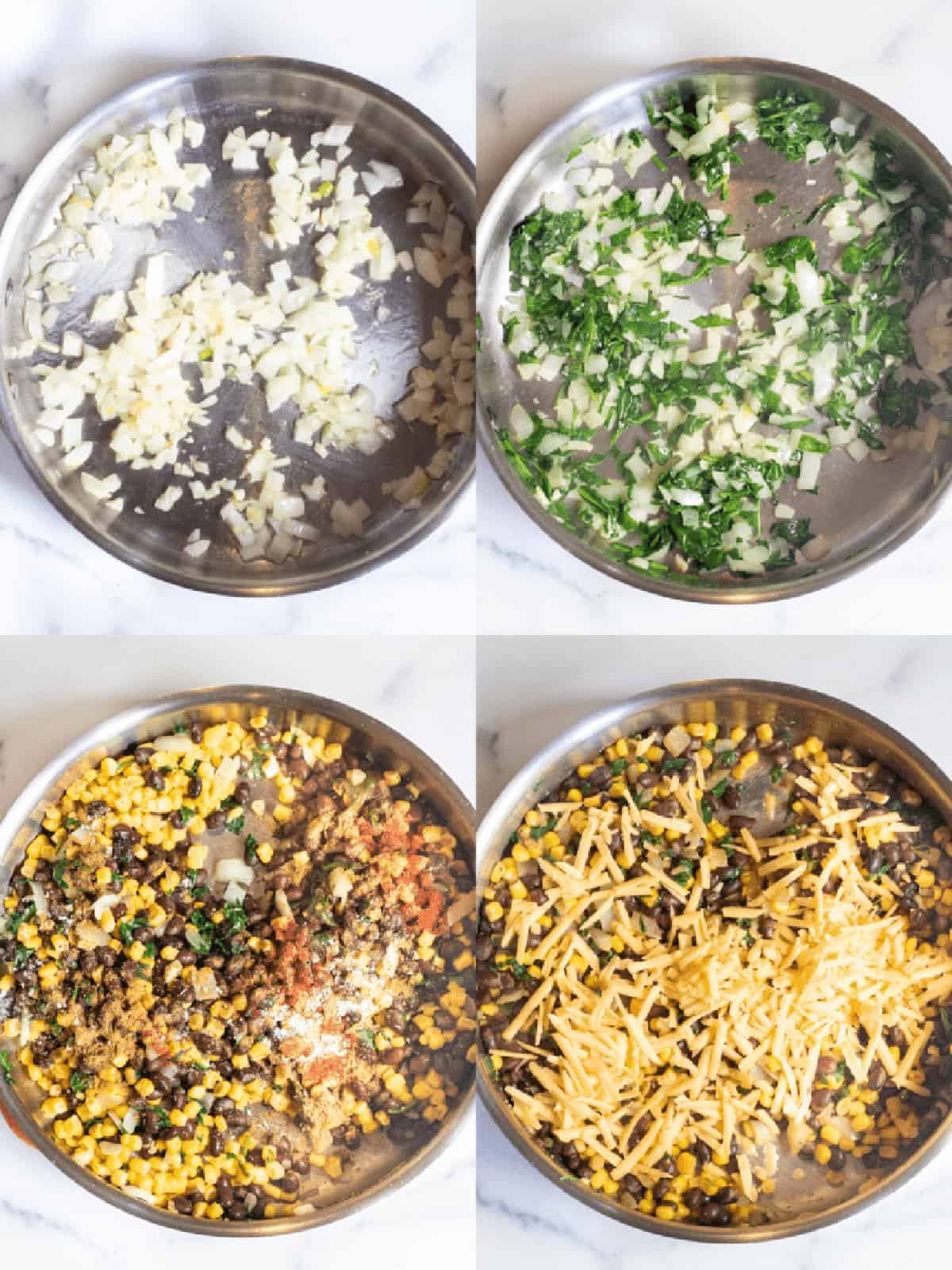 4 pics of pans, one with sauteed onion and garlic, then with spinach, then with beans, corn, and spices, and then topped with cheese.