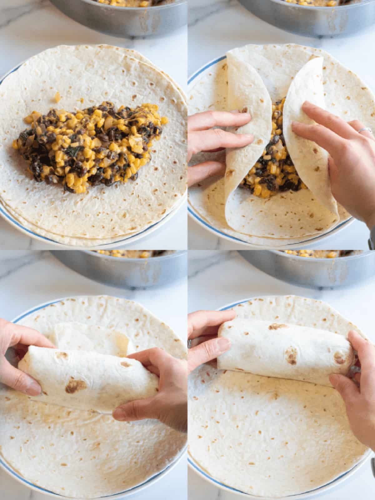 4 pictures, one with filling in flour tortillas, one with sides folded in, wrapped up by two hands, and then folded up with hands.