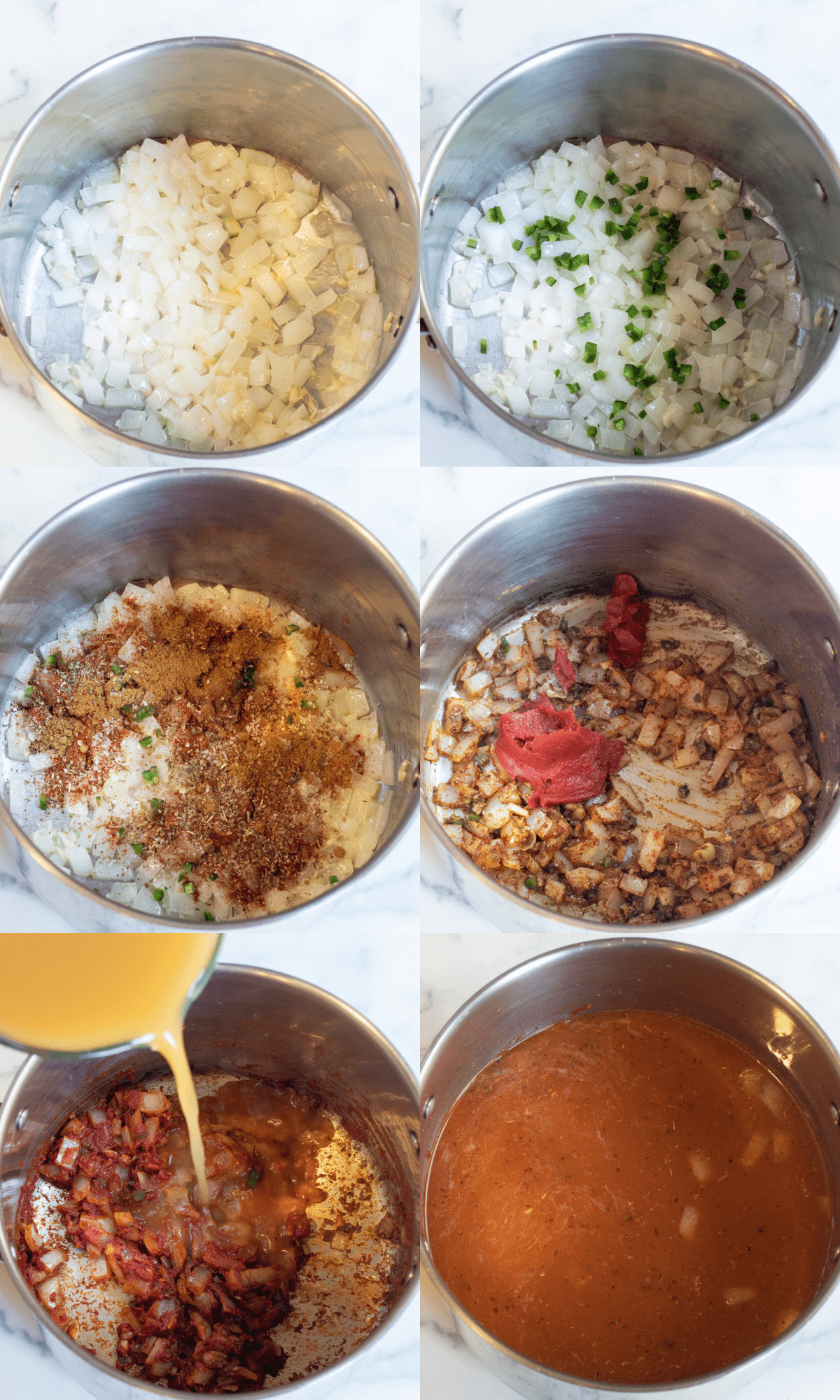 6 pictures of pots, one with onions, then with jalapenos, spices, mixed, and tomato paste, mixed and chicken stock being poured in and then a pot of red stock.