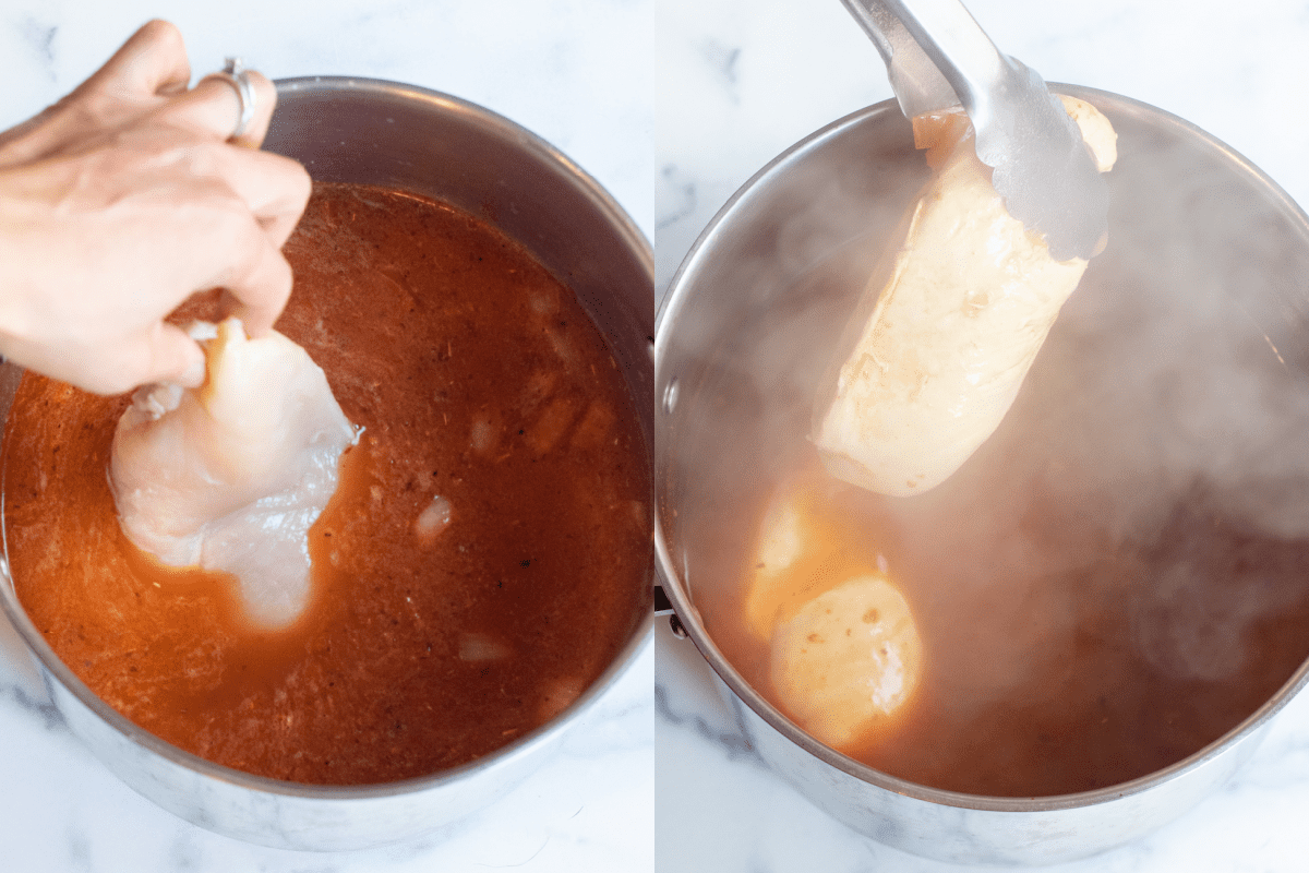 two pots, one with a hand putting raw chicken in and then tongs taking out a cooked chicken breast.