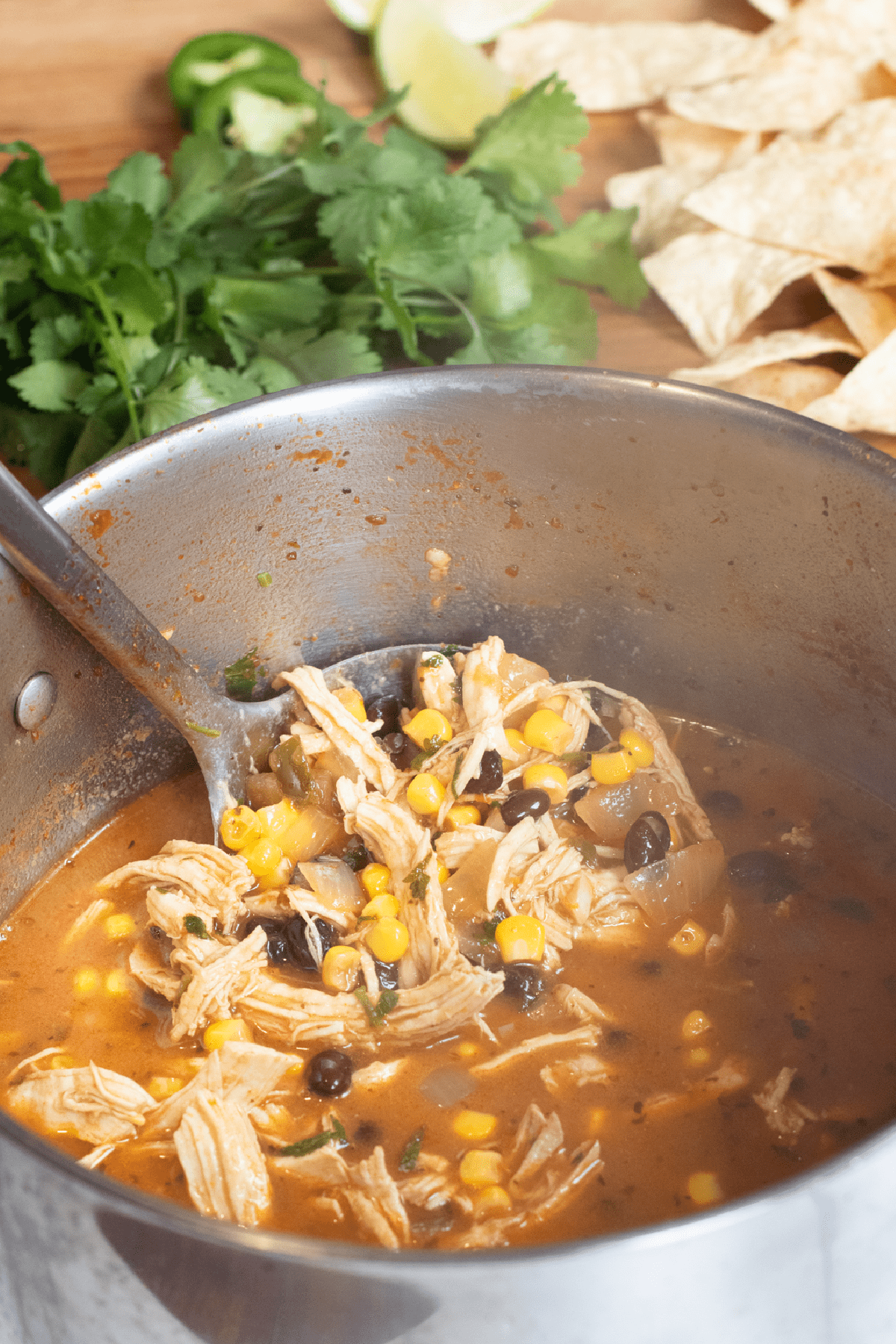 a large pot with a ladle of soup in chicken and bean and corn soup.